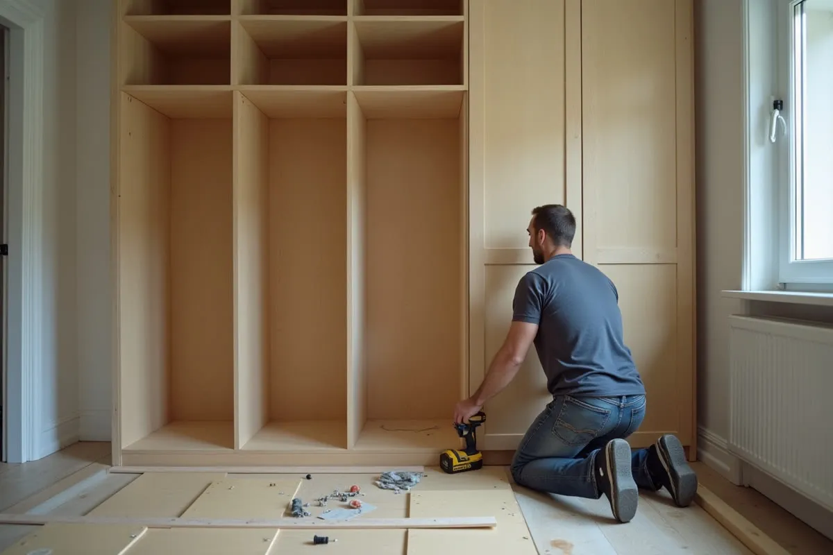 Agenceur agenouillé assemblant une étagère sur mesure en bois clair à la perceuse sans fil dans un appartement