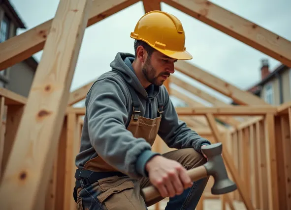 Charpentier en casque jaune agenouillé sur une charpente en bois, marteau à la main, devant l'ossature d'une toiture en cours de montage