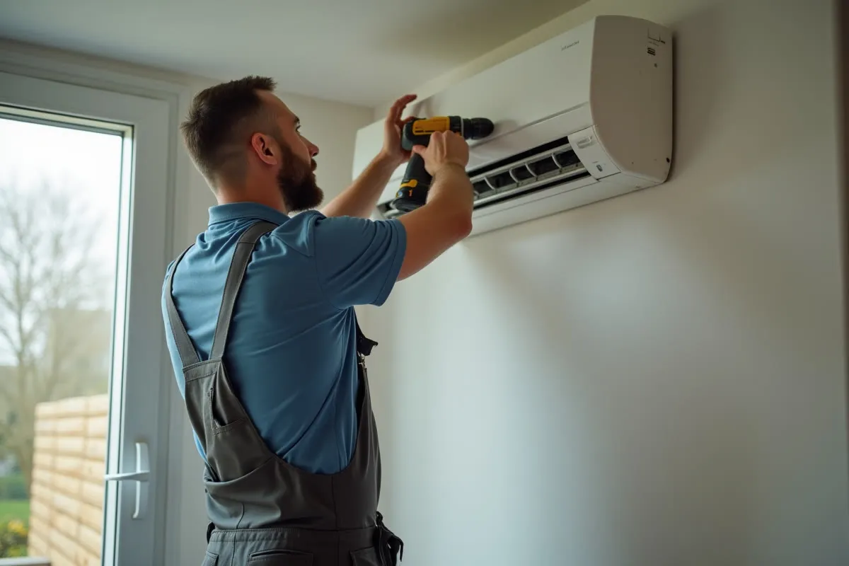 Technicien posant l'unité intérieure d'un climatiseur split sur un mur