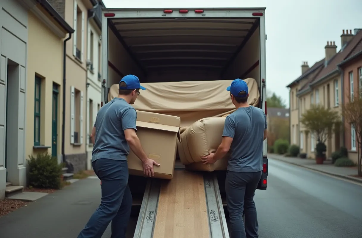 Déménageurs portant un canapé emballé vers un camion de déménagement