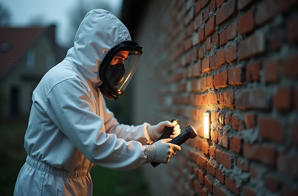 Technicien en combinaison de protection intervenant contre les nuisibles dans un immeuble