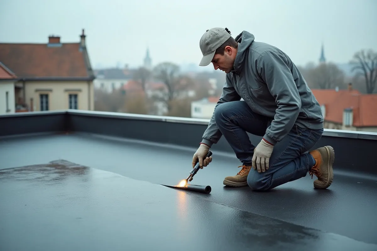 Pose d'une membrane d'étanchéité au chalumeau sur une toiture-terrasse