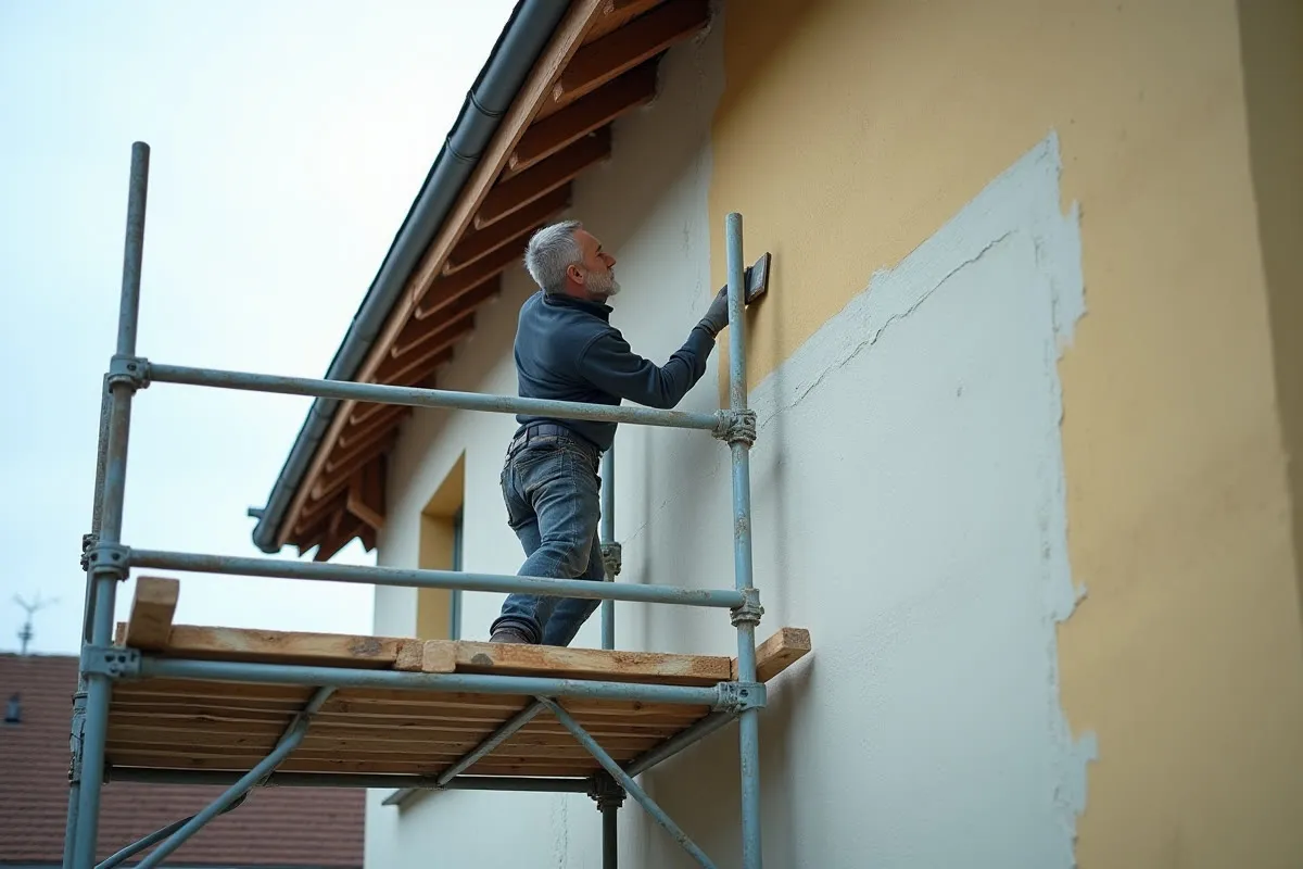 Façadier appliquant un enduit de façade à la taloche depuis un échafaudage