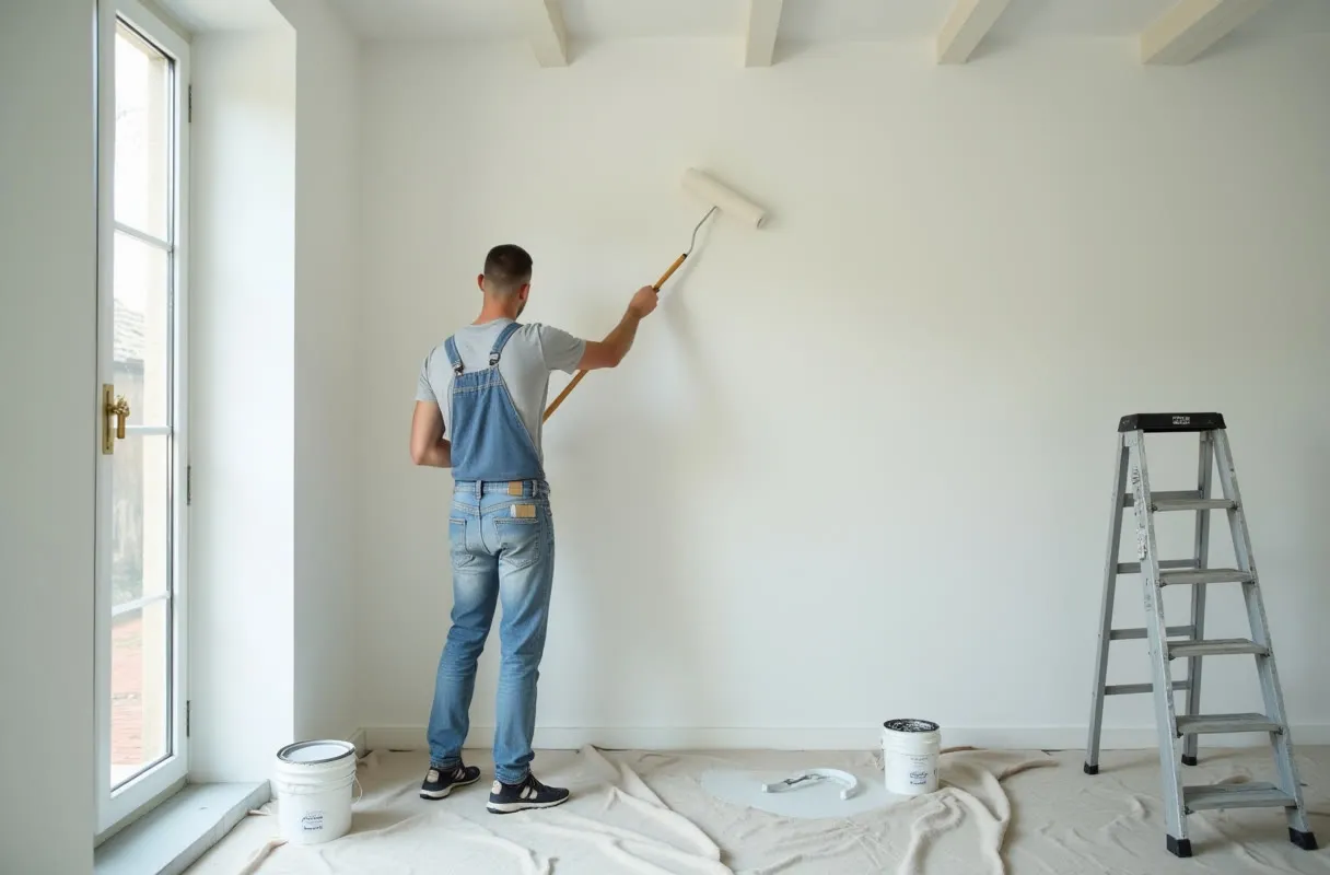 Peintre en salopette appliquant de la peinture blanche au rouleau sur le mur d'une pièce vide, bâche de protection au sol, pots de peinture et escabeau