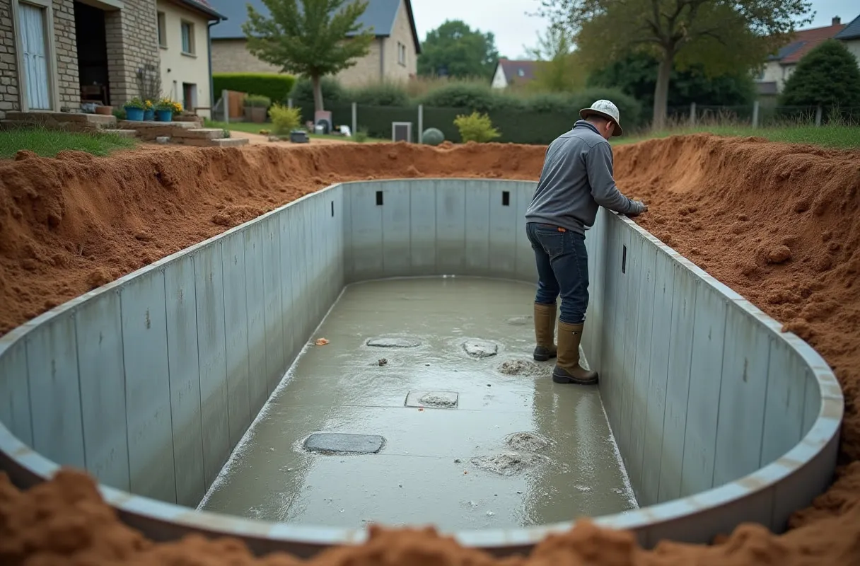 Pisciniste en casque et bottes debout sur le fond d'une coque de piscine posée dans une fouille fraîchement terrassée, entourée de terre remuée devant une maison