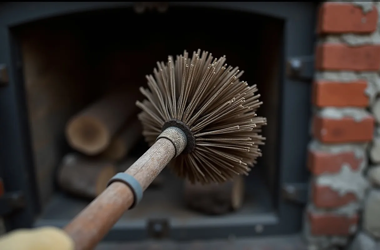 Brosse de ramonage en hélice posée devant un âtre