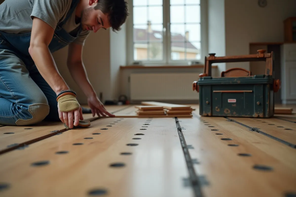 Solier agenouillé posant des lames de parquet sur une sous-couche de désolidarisation