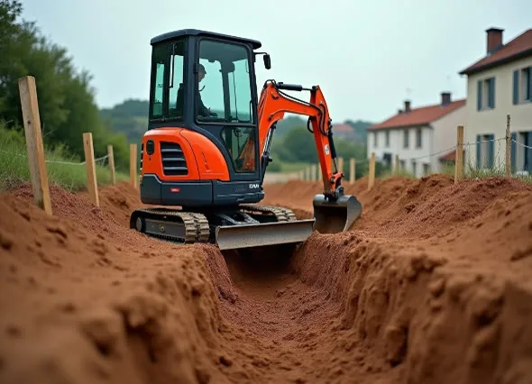Mini-pelle orange au bord d'une tranchée ouverte dans un terrain argileux, chantier délimité par des piquets et une corde, pavillons en arrière-plan